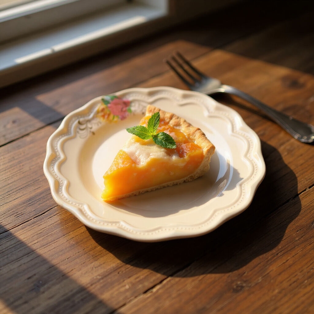 Sunlit rustic table, adorned with a cream colored plate with delicate floral accents holding a slice