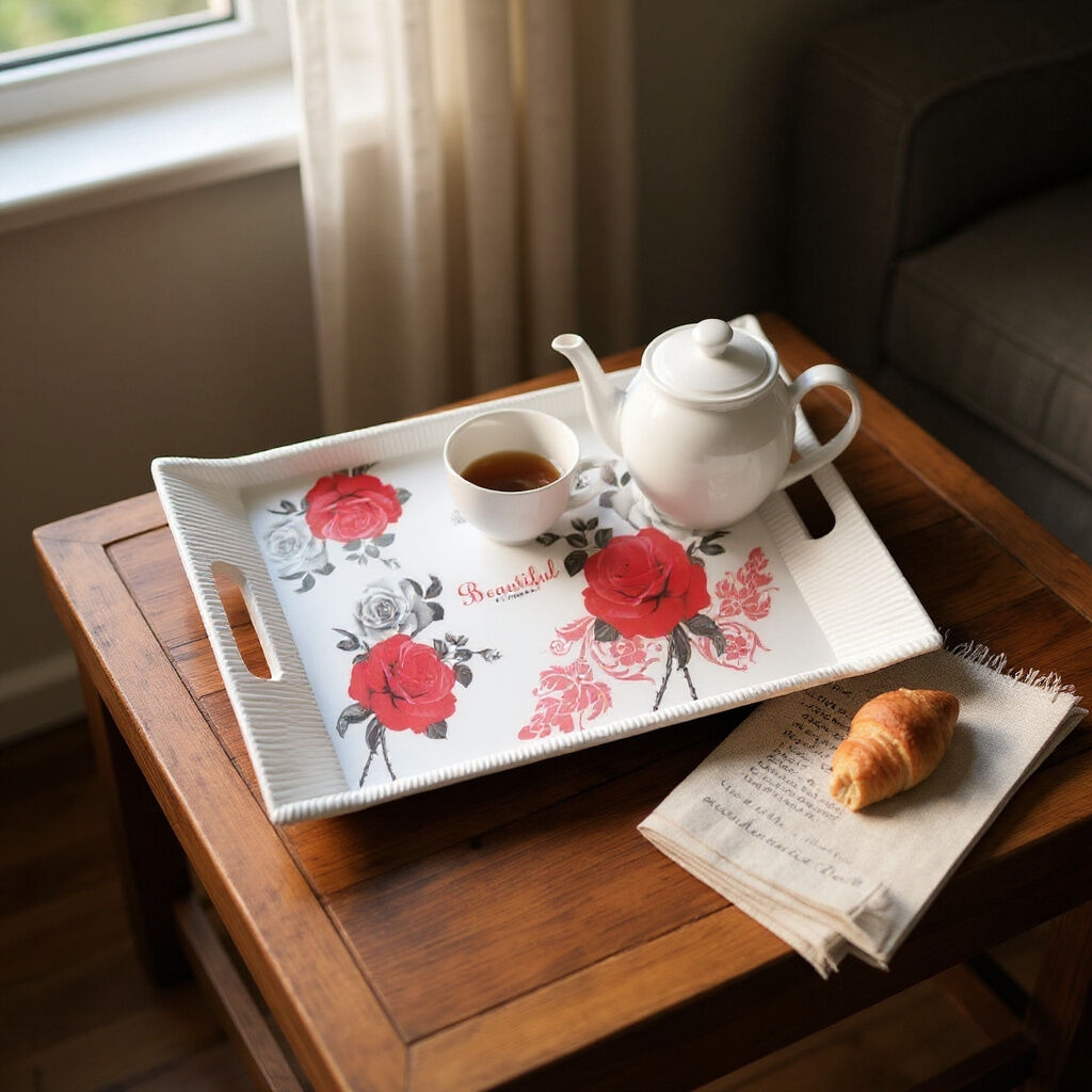 A floral patterned serving tray sits elegantly on a rustic wooden coffee table, bathed in the soft g