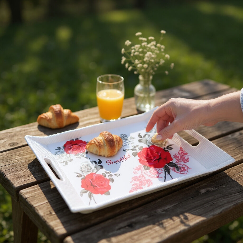 A beautifully styled vintage floral tray set on a rustic wooden picnic table in a sun dappled garden