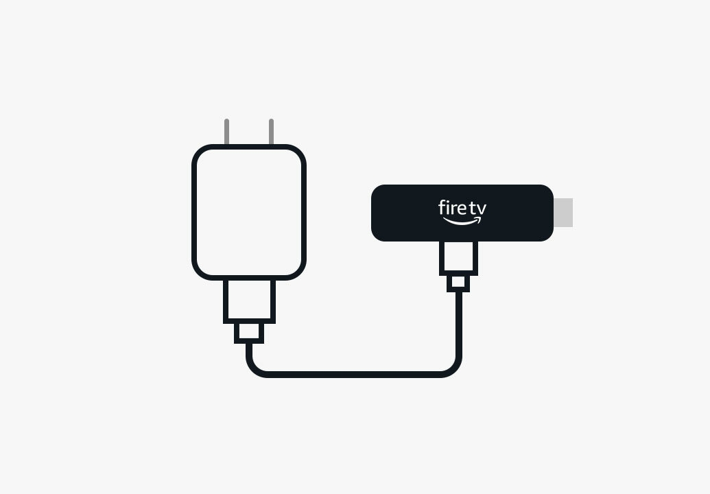 Illustration of Fire TV Stick HD: Candy bar-shaped device with an HDMI connector on one end and a USB socket on the side, with a power cable connected to it which leads to a power plug.