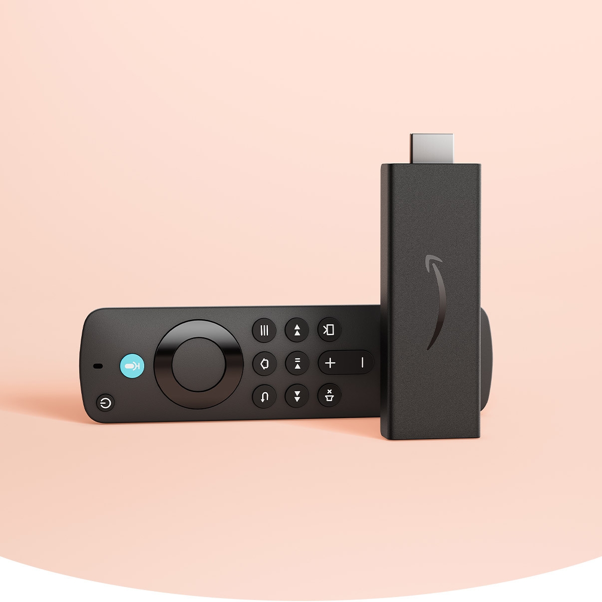 Fire TV Stick HD and the Alexa Voice Remote sit on a well-light pink environment. 