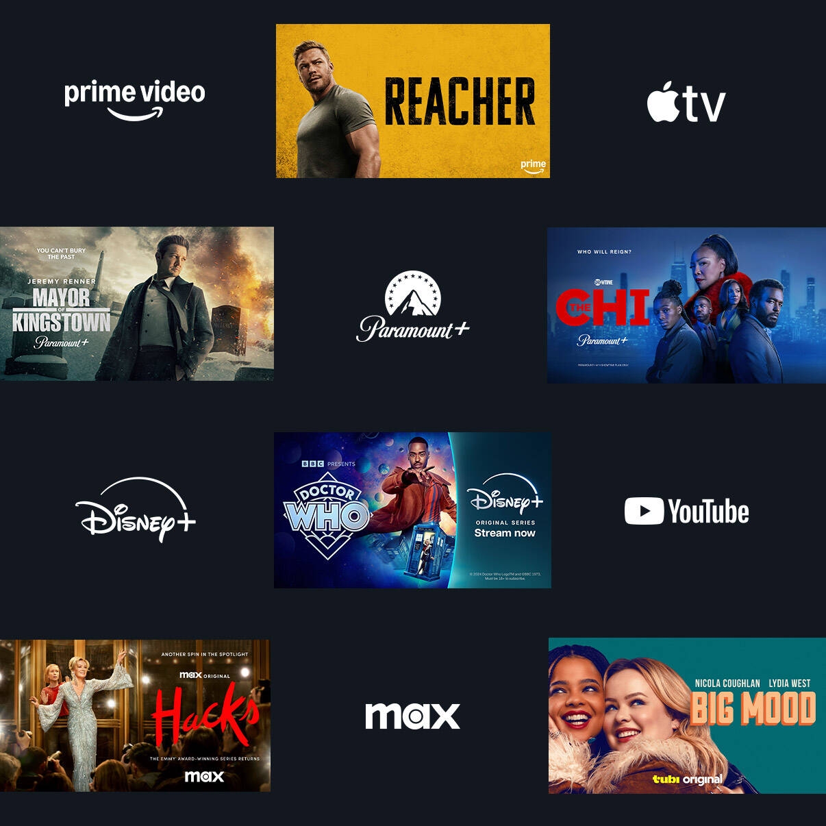  Checkerboard montage of scenes from various shows with logos from streaming services like Prime Video, Hulu, Apple TV, Max on a blue background. 