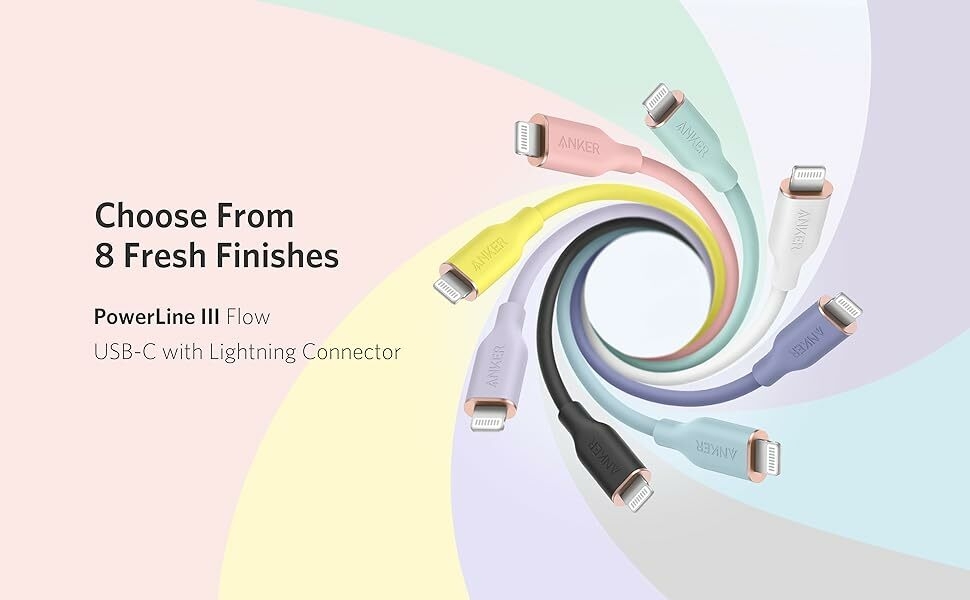 Text reads 'Choose From 8 Fresh Finishes'. Spiral design showing different colored USB-C with Lightning connector cables against pastel background.