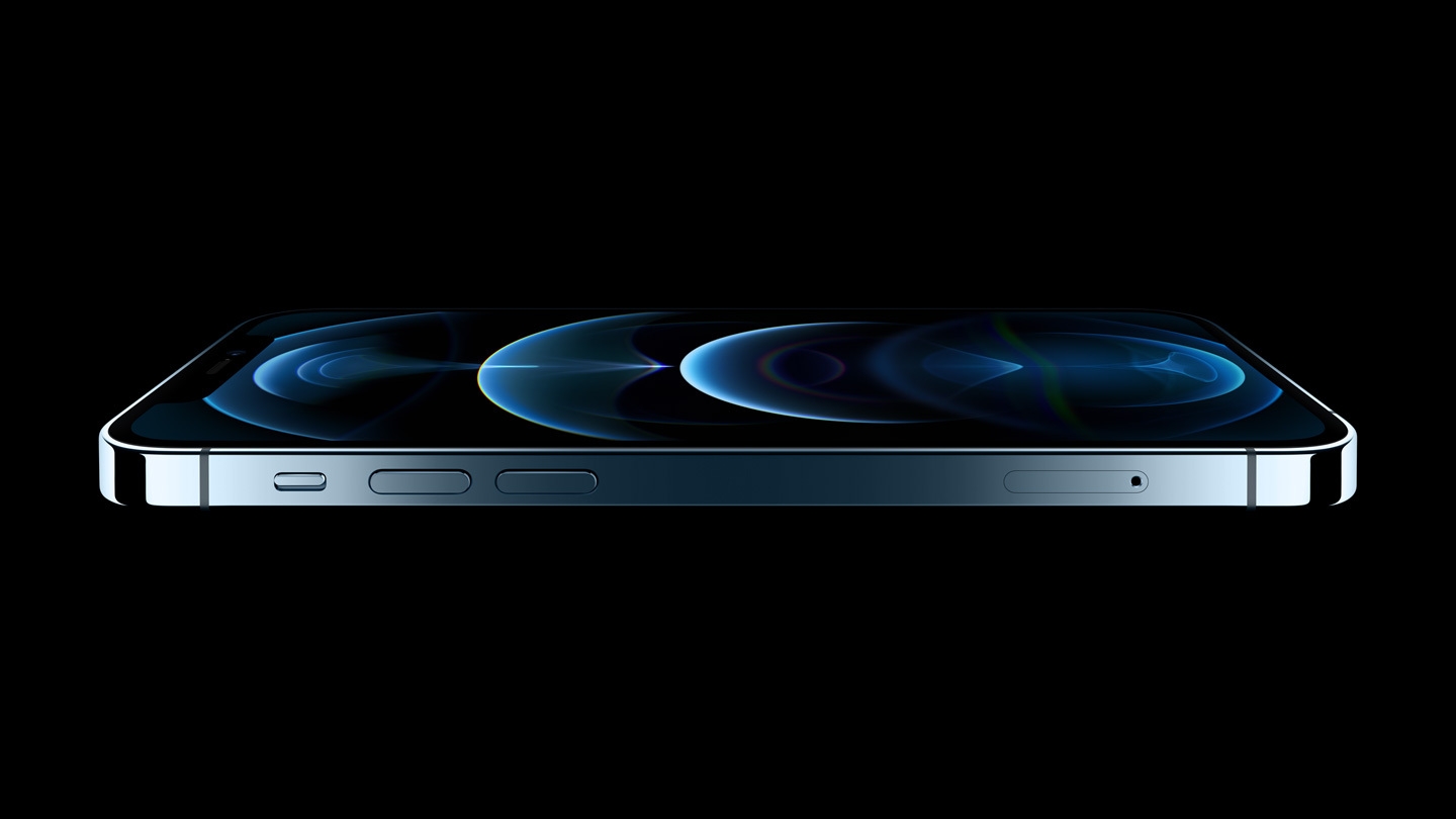 A horizontal profile of iPhone 12 Pro shows off the new flat-edge design and Ceramic Shield front cover.