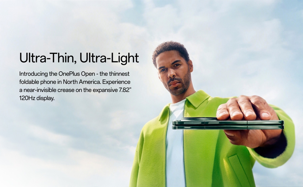 Image of a man holding a foldable device with Ultra-Thin and Ultran-Light.