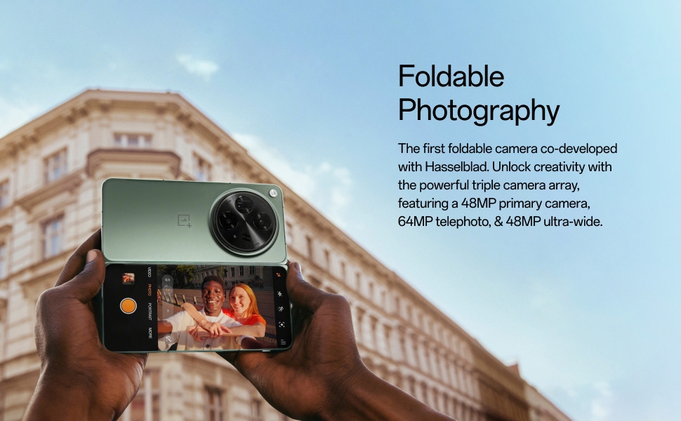 Image of a green foldable device with text Foldable Photography, co-developed with Hasselblad.