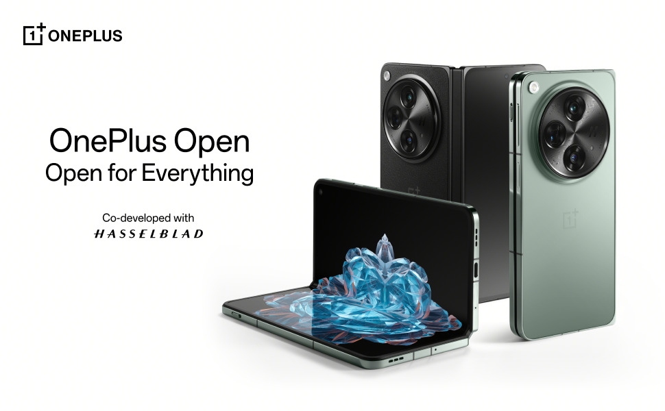 Image of black and green foldable devices with the text OnePlus Open, Open for Everything.