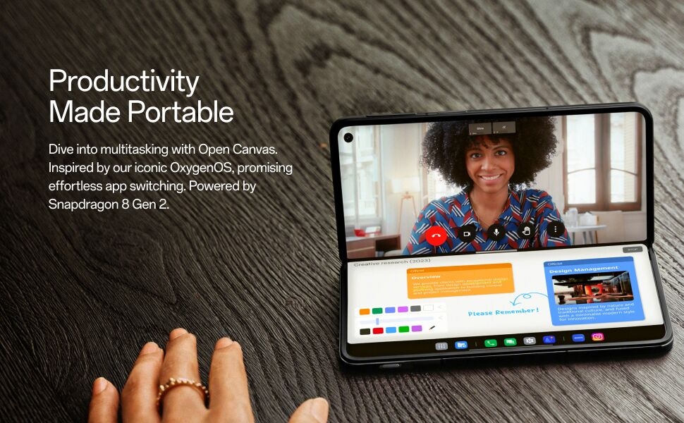 Image of a foldable device with text Productivity Made Portable to showcase the multitasking.