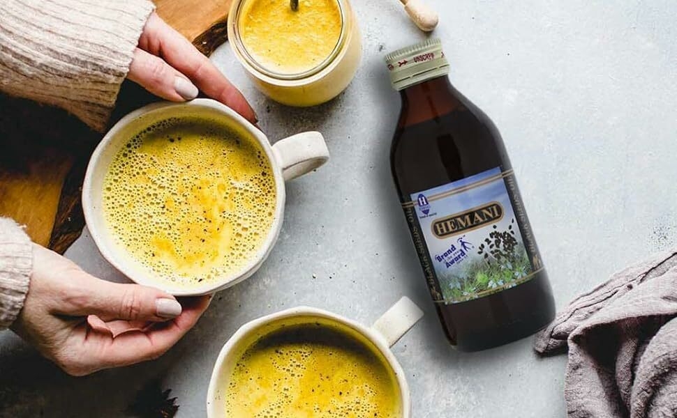 hemani black seed oil mixed to make turmeric latte