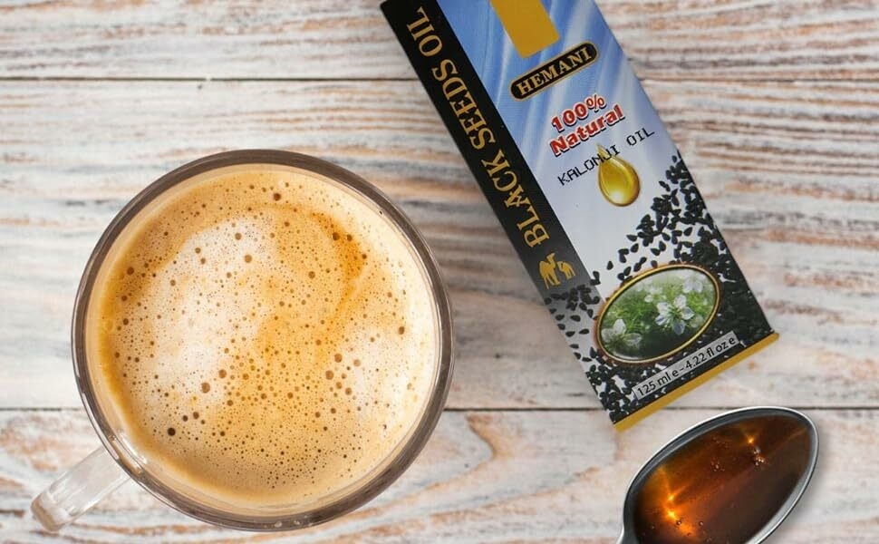 hemani black seed oil mixed into coffee to make a bullet coffee with foam