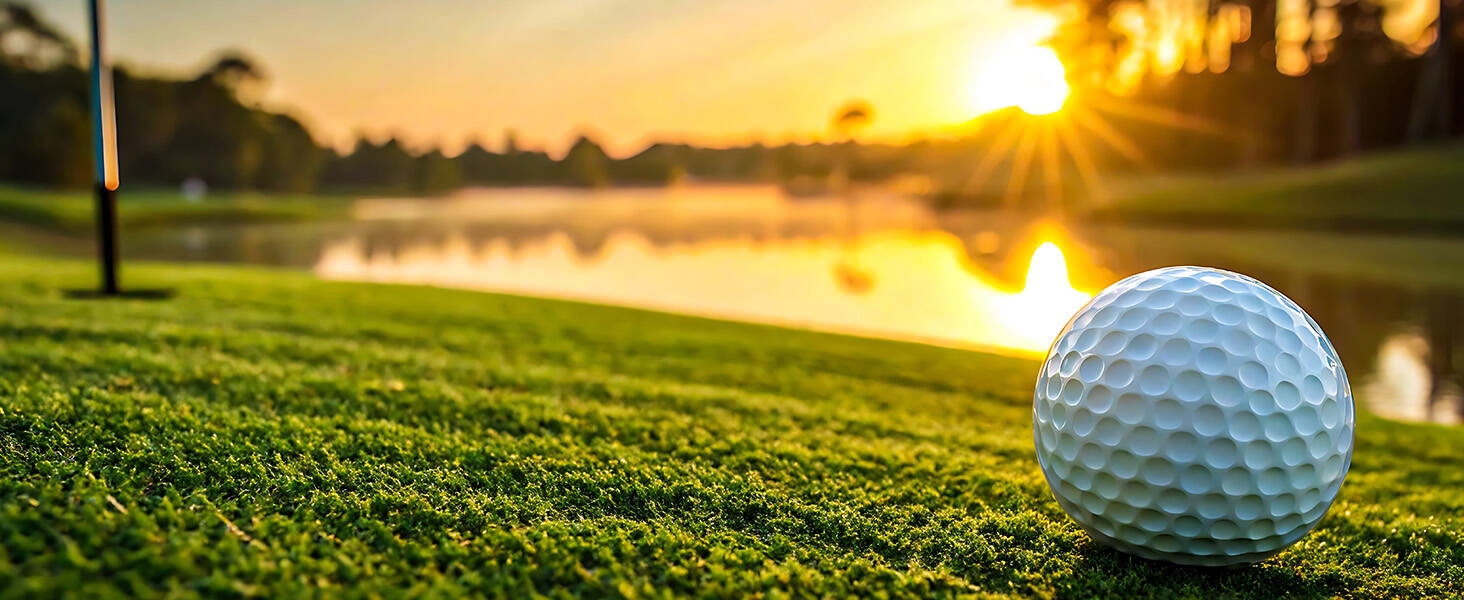 Golf course scenes at sunset, showing golf ball on green with golden sunlight in background across multiple shots.