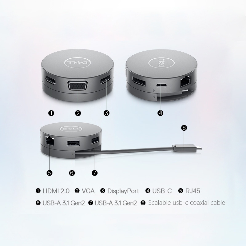 Dell DA310 USB-C Mobile Adapter 7-in-1 Type C Laptop Compatible Dock and  Gray