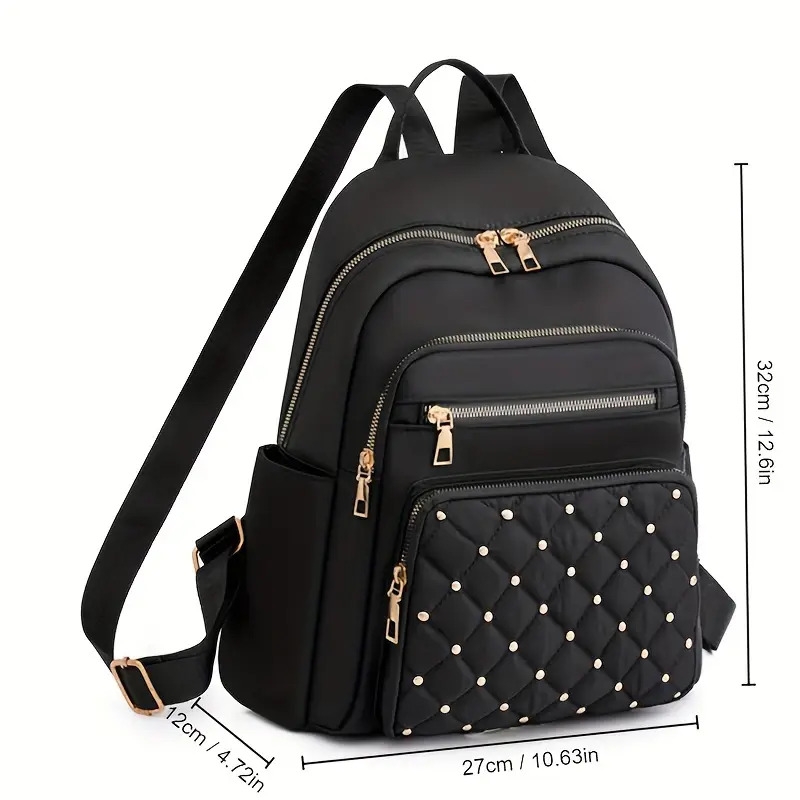 casual solid color backapck quilted rivets decor rucksack zipper womens travel rucksack 2