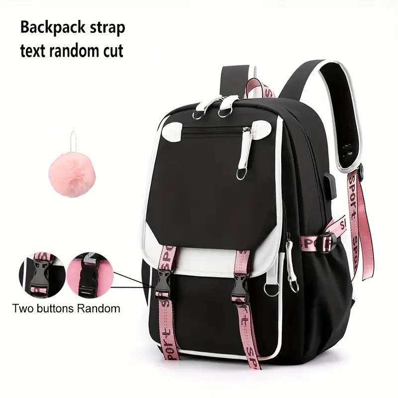 large capacity cute backpack with usb charger hole notebook backpack for students womens canvas backpack black 0