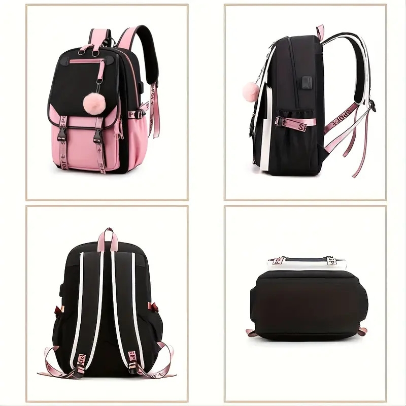 large capacity cute backpack with usb charger hole notebook backpack for students womens canvas backpack 7