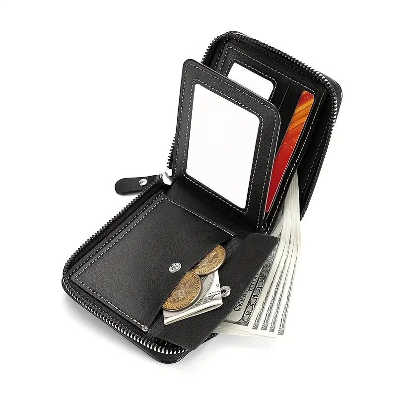 mens zipper card holder short wallet leather large capacity card holder vintage multifunctional card bag with coin pocket details 14