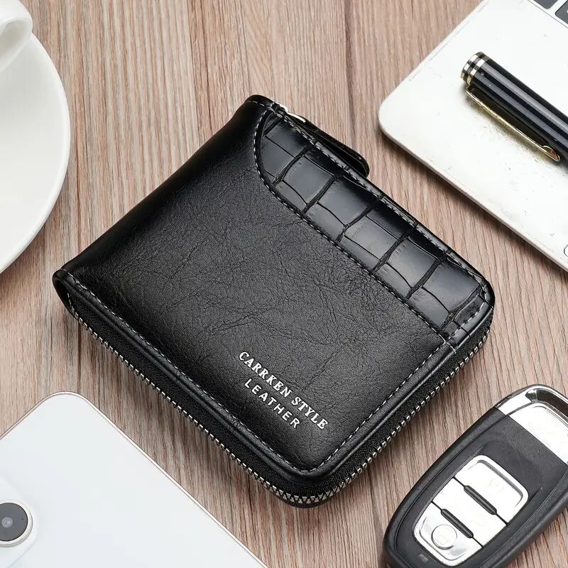 new mens zipper card holder color block short wallet leather large capacity card holder vintage multifunctional card bag coin purse 6