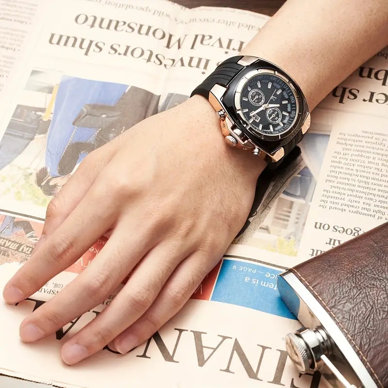 round pointer quartz watch three time zone analog sports electronic wristwatch with silicone watch strap for women men details 2