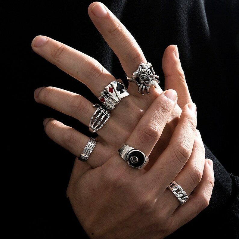6Pcs Punk Poker Joker Silver Color Rings for Men Goth Skeleton image 1