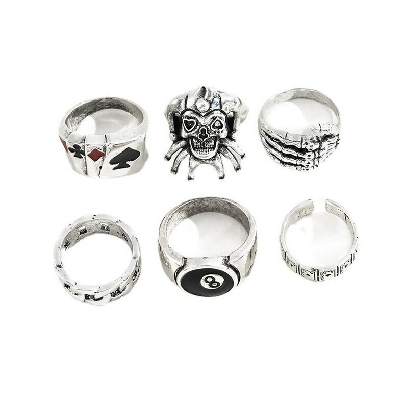 6Pcs Punk Poker Joker Silver Color Rings for Men Goth Skeleton image 4