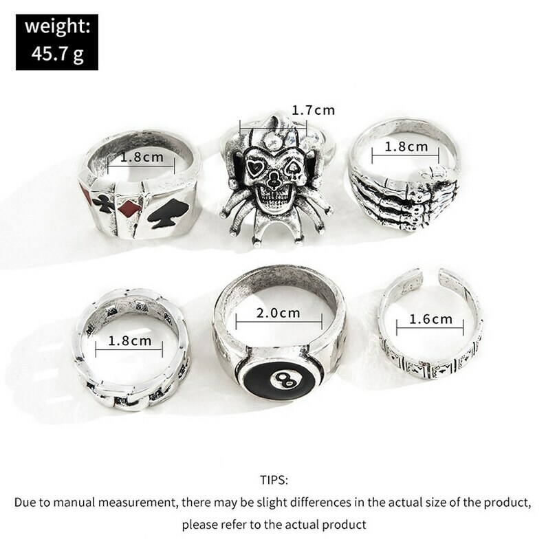 6Pcs Punk Poker Joker Silver Color Rings for Men Goth Skeleton image 5