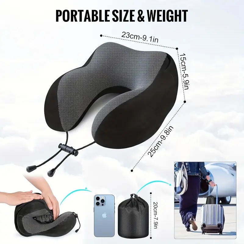 1pc black travel pillow with bag neck pillow for travel with hood for airplane velvet memory foam neck pillow adult head neck support for long flights plane   sleeping rest details 2