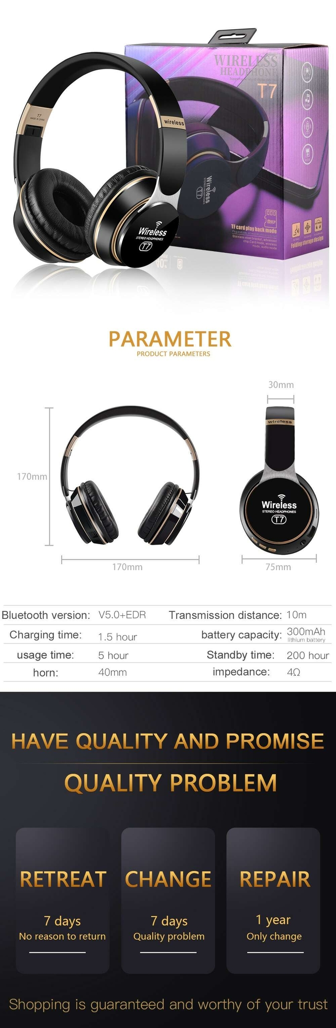 Bluetooth Wireless Headphones With A Strong Battery - Black, grey & blue