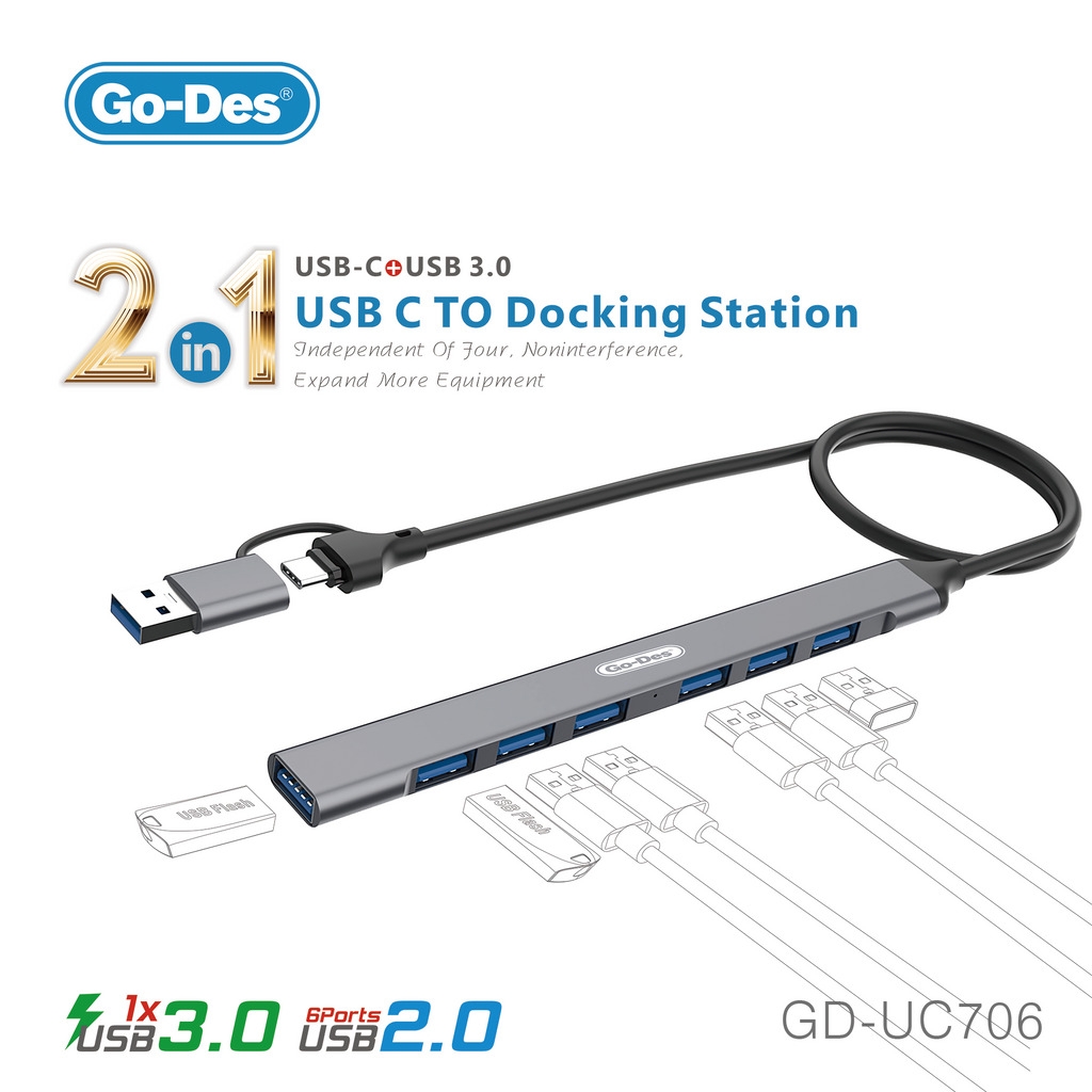 Go-Des 2-in-1 USB-C to Docking Station USB 3.0 6-Port USB 2.0 Hub for Expanded Connectivity