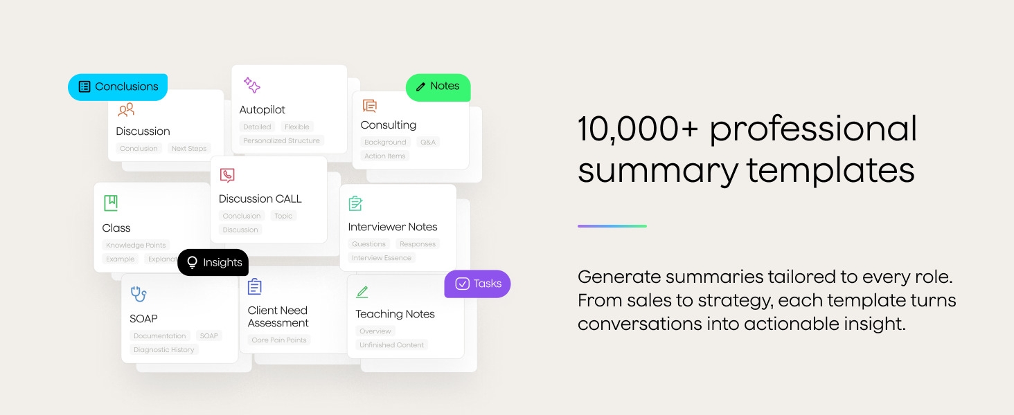 Text reads '10,000+ professional summary templates'. Screenshot showing multiple colorful template cards in a grid layout interface.