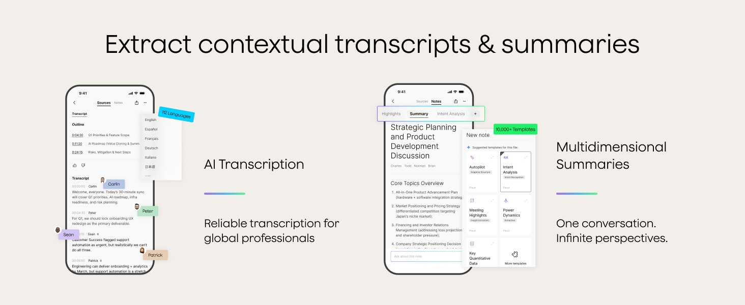 Text reads 'Extract contextual transcripts & summaries'. Series of mobile interface wireframes or mockups showing text extraction functionality.