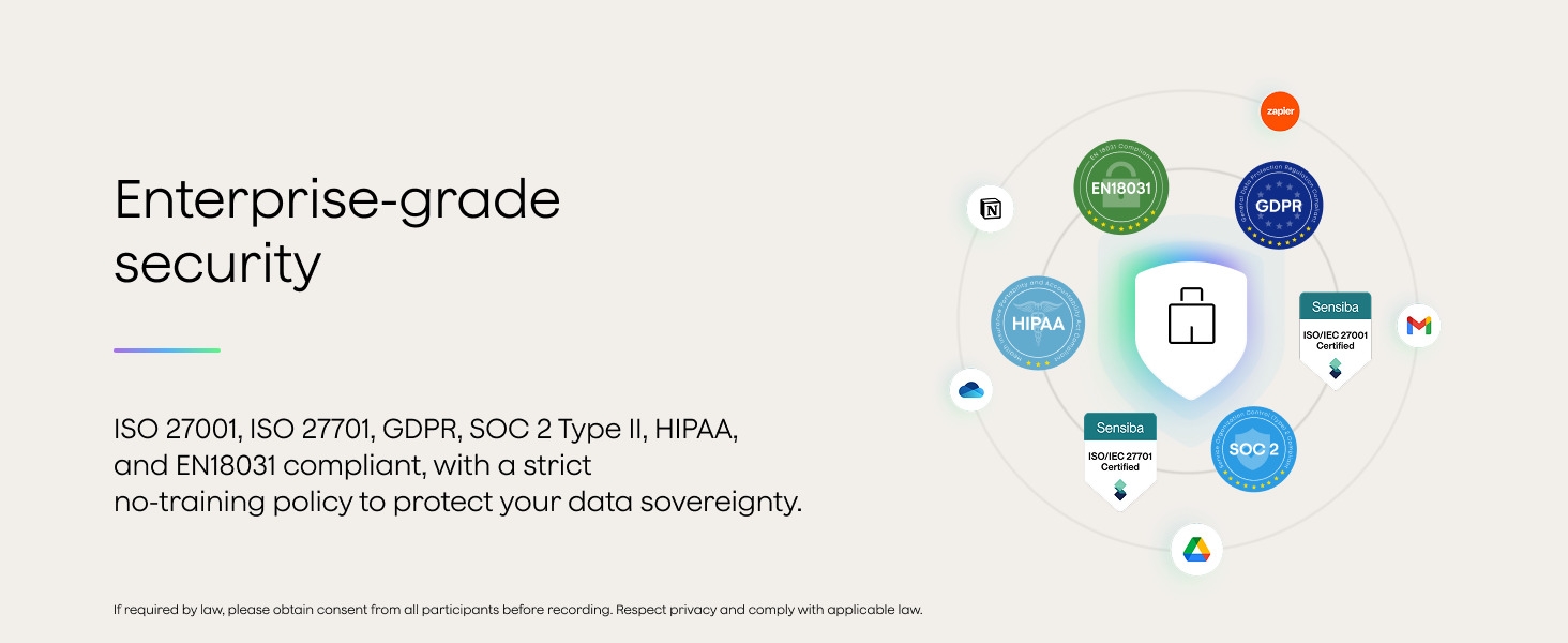 Text reads 'Enterprise-grade security' with circular diagram showing interconnected blue, green, and red icons representing various security features.