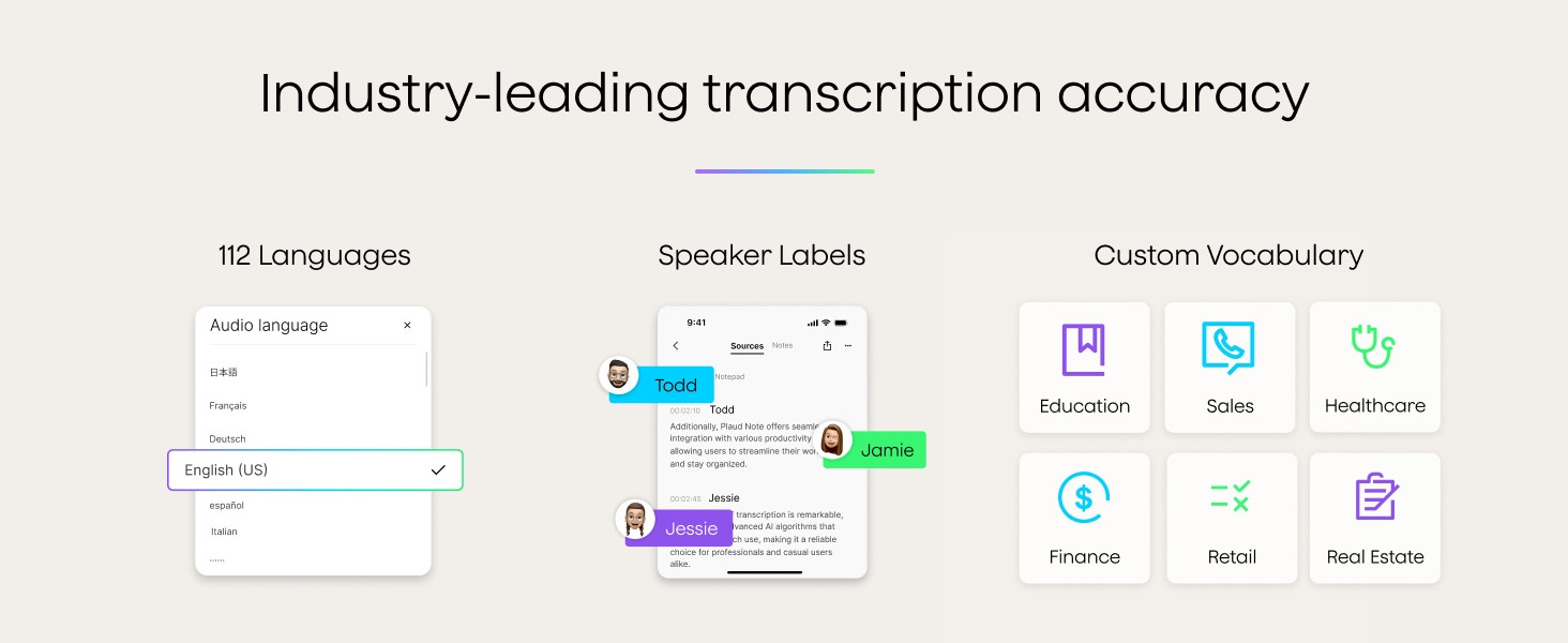 Text reads 'Industry-leading transcription accuracy'. Series of user interface screenshots showing app features with icons for transcription, labels, and vocabulary functions.