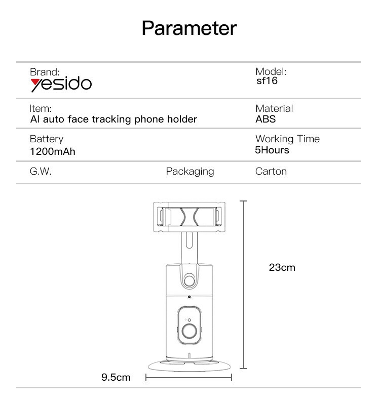 Yesido SF16 Auto Face tracking Gimbal Selfie Stick Parameter