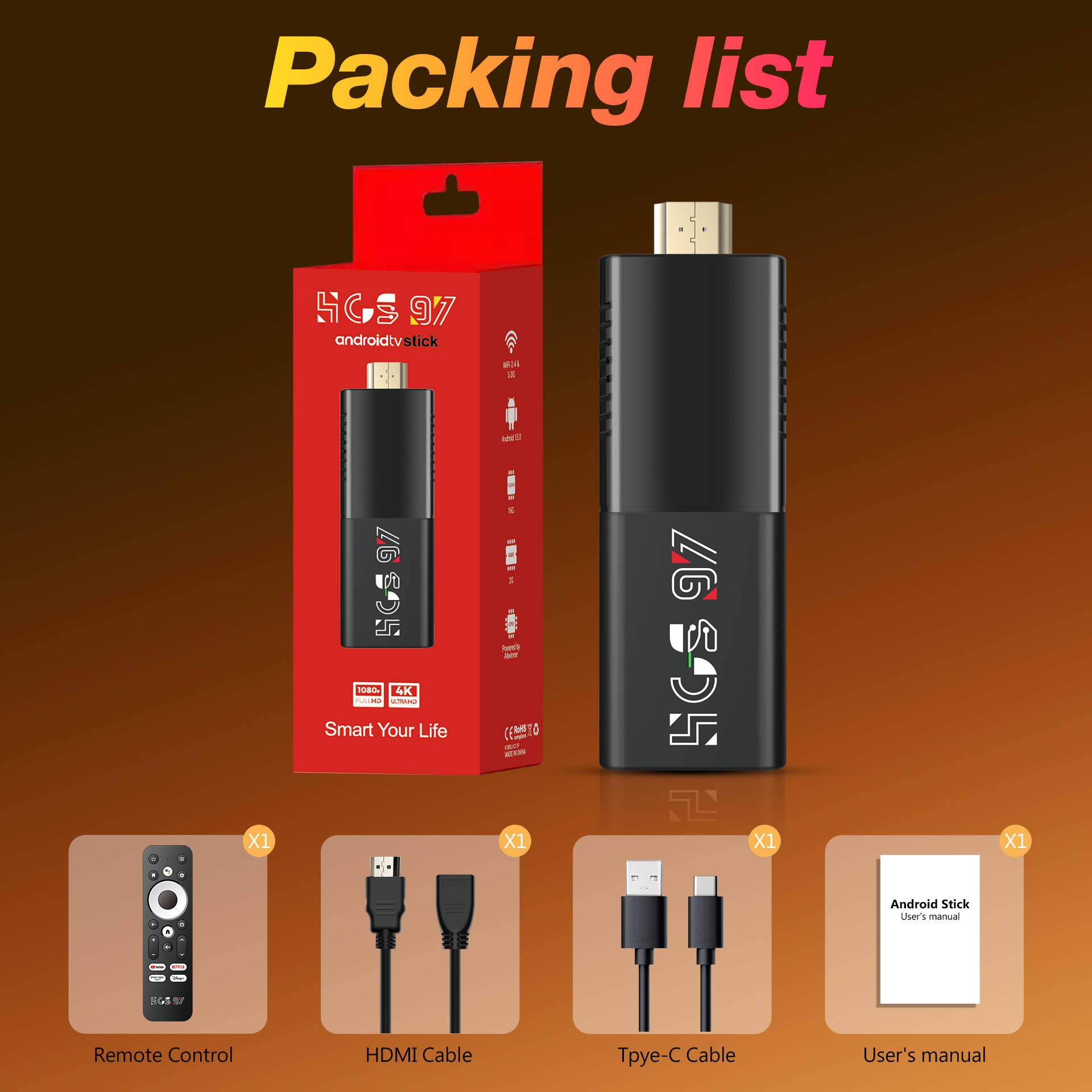 ZOKU HCS97 Awllinner H313 Android 13.0 8K TV Stick Remote Control 16GB Flash 1080p UK/EU/US Factory Price Cheap Android TV Stick