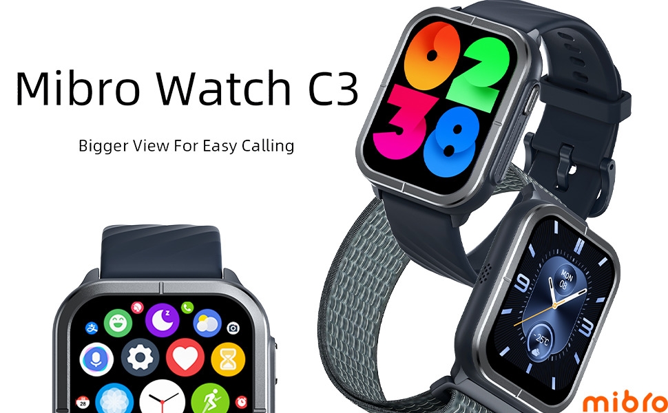 Mibro Smart Watch C3 (Black) - 1.85" HD Display, Bluetooth Calling, 10 Day Battery Life, 2ATM