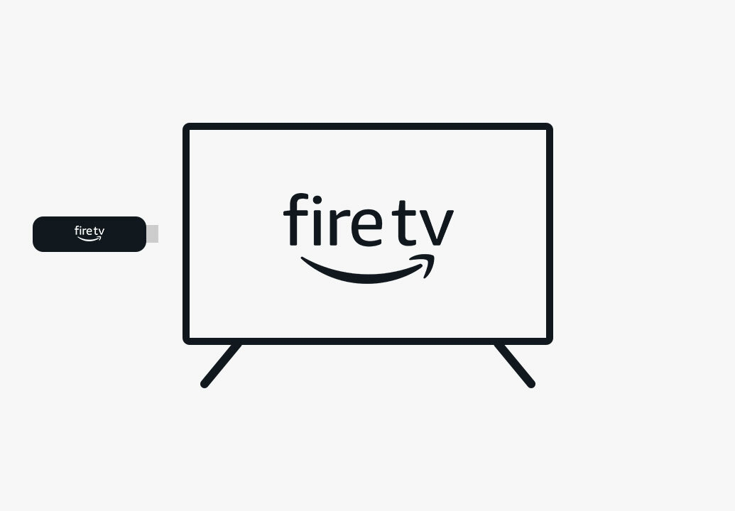 Illustration of a Fire TV Stick: Candy bar-shaped device with an HDMI connector on one end and a USB-C socket on the side, pointing towards the side of a Fire TV HDTV.