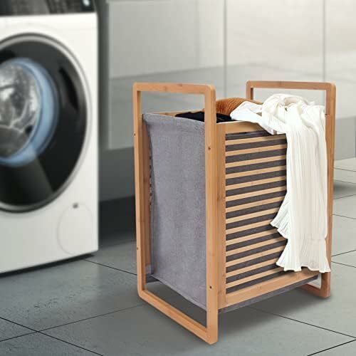 Laundry Basket Bamboo Wooden Laundry Hamper Organizer Freestanding Square Laundry Storage Bag with Lid for Bathroom Laundry Room Living Room Organization