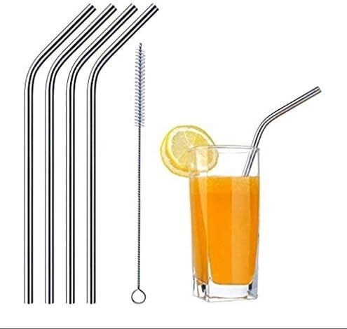 PETRICE New Set of 4 Reusable Stainless Steel Drinking Straws 8.5'' (4 Bend & 1 Cleaning Brushes) - BPA Free Metal, Thick, Long, Dishwasher Safe - for Smoothies, Tumblers, Travel & More