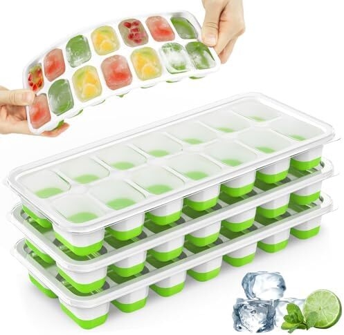 Ice Cube Trays, 4 Pack Durable Stackable Ice Trays for Freezer with Spill-Resistant & Removable Lids, LFGB Certified and BPA Free, Easy-Release 56 pcs Silicone Ice Maker for Cocktail, Coffee, Beer