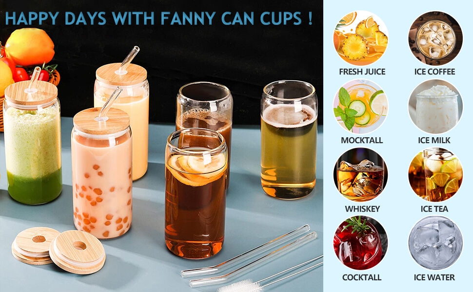 Verschiedene Glasbehälter mit bunten Getränken und Strohhalmen. Auf der Seitenwand sind verschiedene Getränkearten abgebildet: frischer Saft, Eiskaffee, Mocktail, Eismilch, Whiskey, Eistee, Cocktail, Eiswasser