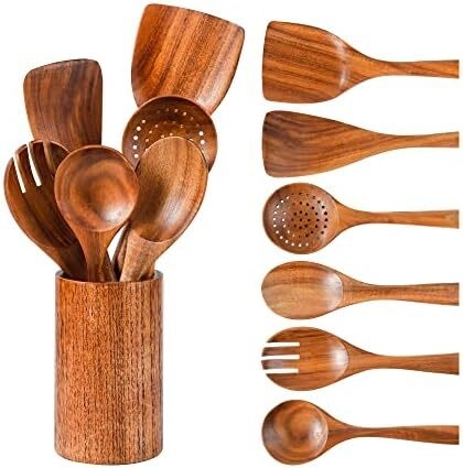 Kitchen Utensils Set, NAYAHOSE Wooden spoons for Cooking Non-stick Pan Kitchen Tool Wooden Cooking Spoons and Wooden utensil storage wooden barrel
