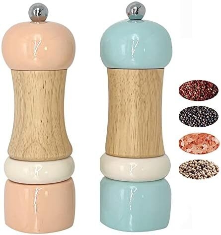 CASASUNCO Manual Salt and Pepper Grinder Set Salt & Pepper Mill Sets Wooden Salt Pepper Grinder Set Salt & Pepper Shakers Gift Set- Customized Coarseness - Ceramic Core - Blue+Peach (Set of 2, 6