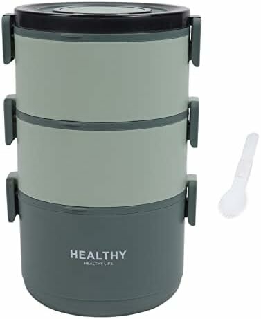 Lunch Box, 2200ml Lunch Box Three Layer Stackable Lunch Container Detachable Compartment Design Portable Round Box for Home Office Picnic(Bean Paste Green)