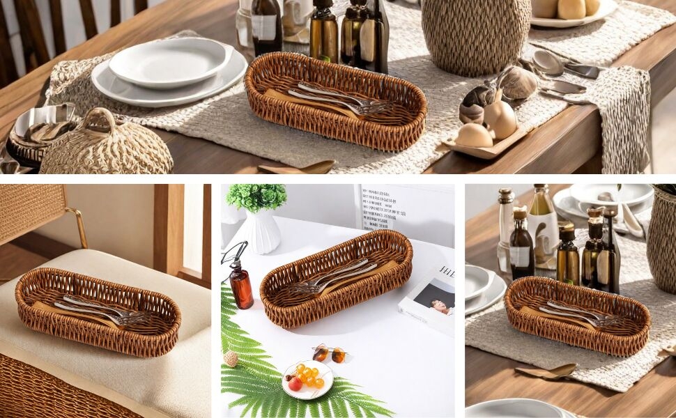 Oval-shaped woven rattan basket tray shown in different settings: on a dining table, kitchen counter, and with various items inside like bottles and fruits.