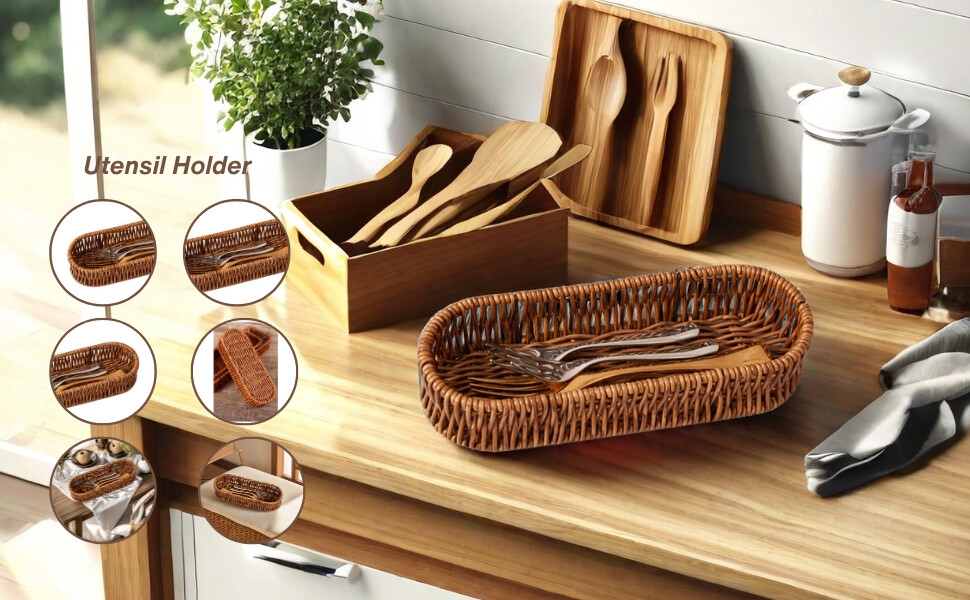 Kitchen scene with wooden utensils, including spoons and a cutting board. A woven basket holds utensils, and a coffee maker is visible.