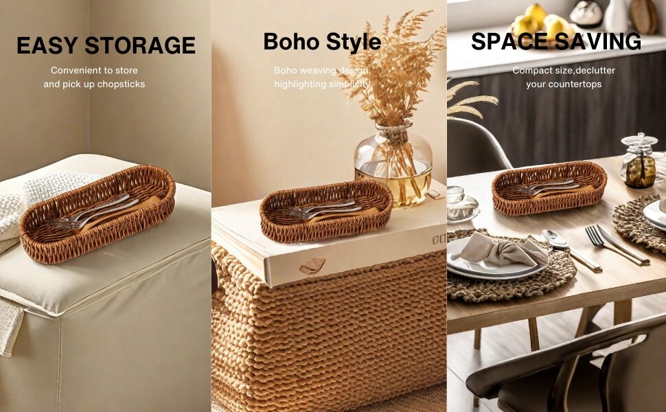 Woven basket storage set in natural tones. Three panels show easy storage, boho style decor, and space-saving table arrangement with dried flowers.