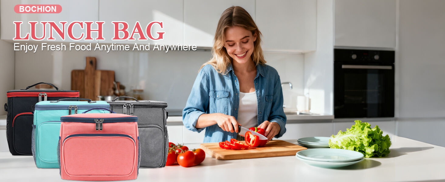 Text reads 'LUNCH BAG' in kitchen setting with insulated lunch bags in different colors including coral pink and turquoise shown on counter with fresh produce.