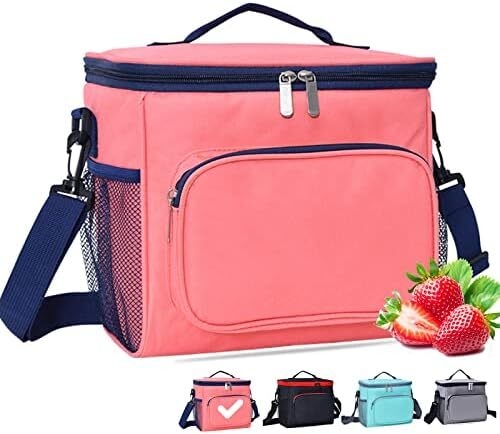 BOCHION 10L Insulated Lunch Bag for Women and Men, Reusable Leakproof Lunch Bag Kids with Adjustable Shoulder Strap and Multiple Pockets, Collapsible Cool Bags for Picnic, Camping, School, Work (Pink)