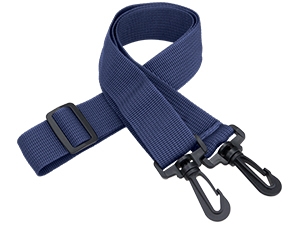 White square-shaped device with navy blue shoulder strap and metal clips. Multiple product views showing front, back, and strap attachment points.