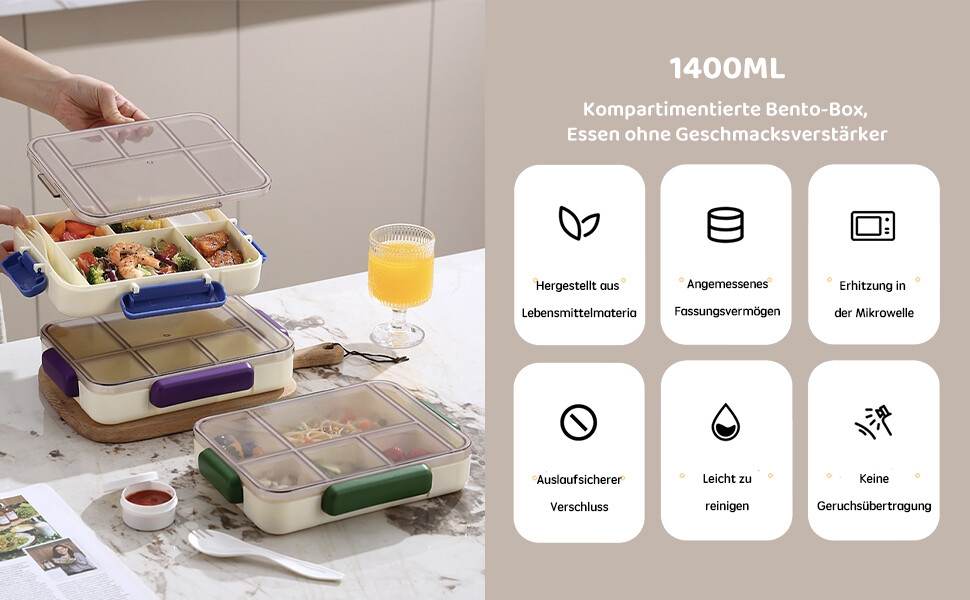 1400ml food storage containers with compartments. Image shows containers filled with various foods. Icons indicate product features like microwave-safe and leak-proof.